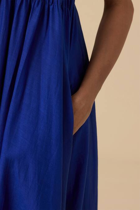 Shop_The Summer House_Blue Cotton, Silk Halter Neck Iram Ruched Midi Dress_Online_at_Aza_Fashions