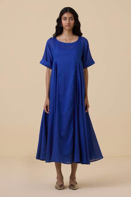 The Summer House_Blue Cotton, Silk Boat Neck Latifa Dress_Online_at_Aza_Fashions