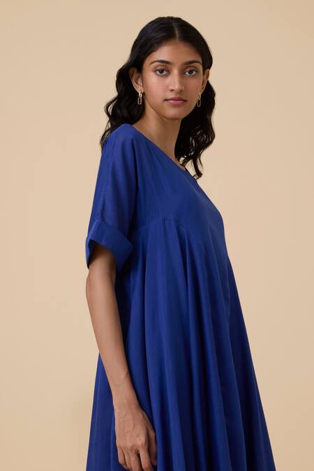 Buy_The Summer House_Blue Cotton, Silk Boat Neck Latifa Dress_Online_at_Aza_Fashions
