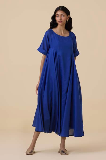 The Summer House_Blue Cotton, Silk Boat Neck Latifa Dress_at_Aza_Fashions