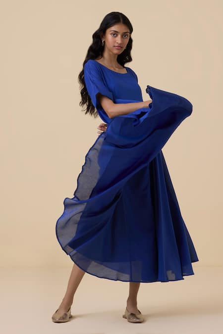 Buy_The Summer House_Blue Cotton, Silk Boat Neck Latifa Dress