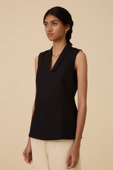 Buy The Summer House Black Wool, Cotton Collared Maira Waistcoat Online at Aza Fashions Buy_The Summer House_Black Wool, Cotton Collared Maira Waistcoat _Online_at_Aza_Fashions