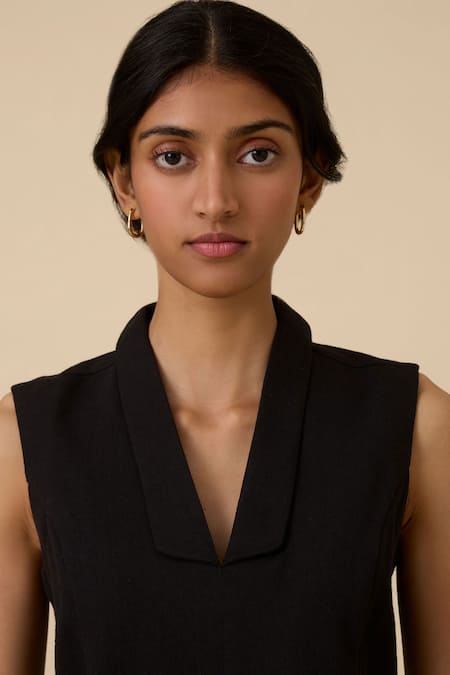 Shop The Summer House Black Wool, Cotton Collared Maira Waistcoat Online at Aza Fashions Shop_The Summer House_Black Wool, Cotton Collared Maira Waistcoat _Online_at_Aza_Fashions