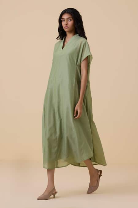 Buy_The Summer House_Green Cotton, Silk V-neck Meer Kaftan Dress _Online_at_Aza_Fashions
