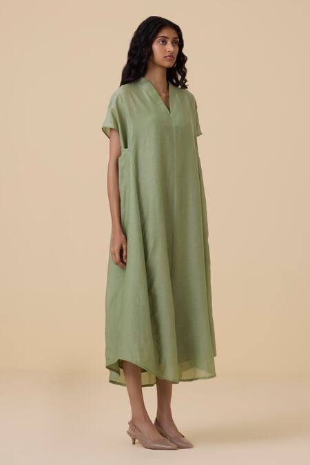 Shop_The Summer House_Green Cotton, Silk V-neck Meer Kaftan Dress _Online_at_Aza_Fashions