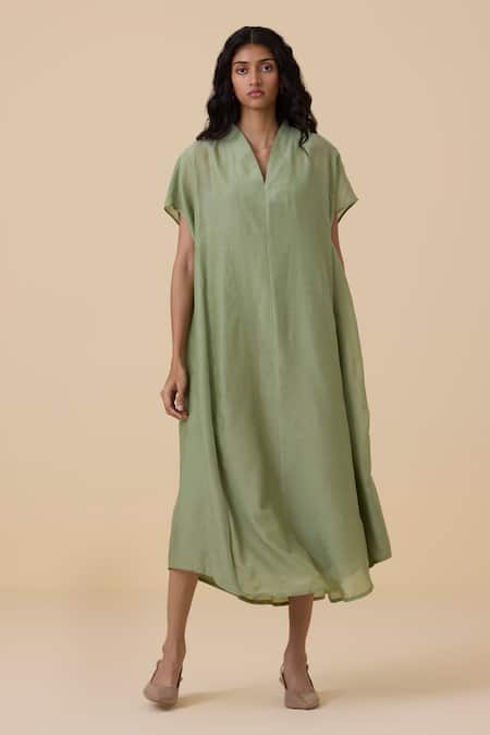 The Summer House_Green Cotton, Silk V-neck Meer Kaftan Dress _at_Aza_Fashions