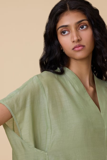 Buy_The Summer House_Green Cotton, Silk V-neck Meer Kaftan Dress 