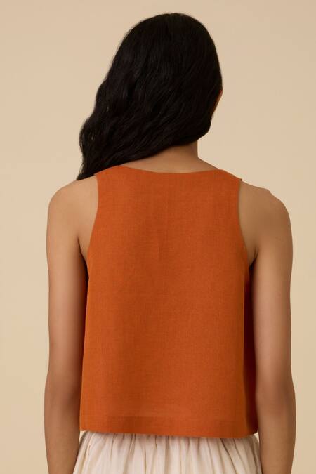 Shop The Summer House Orange Linen, Cotton Embroidery Round Neck Olena Thread Crop Top at Aza Fashions Shop_The Summer House_Orange Linen, Cotton Embroidery Round Neck Olena Thread Crop Top_at_Aza_Fashions