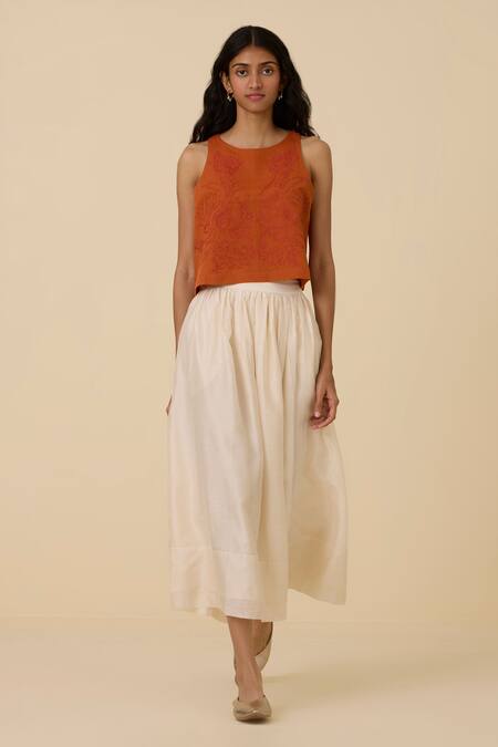 Shop The Summer House Orange Linen, Cotton Embroidery Round Neck Olena Thread Crop Top Online at Aza Fashions Shop_The Summer House_Orange Linen, Cotton Embroidery Round Neck Olena Thread Crop Top_Online_at_Aza_Fashions