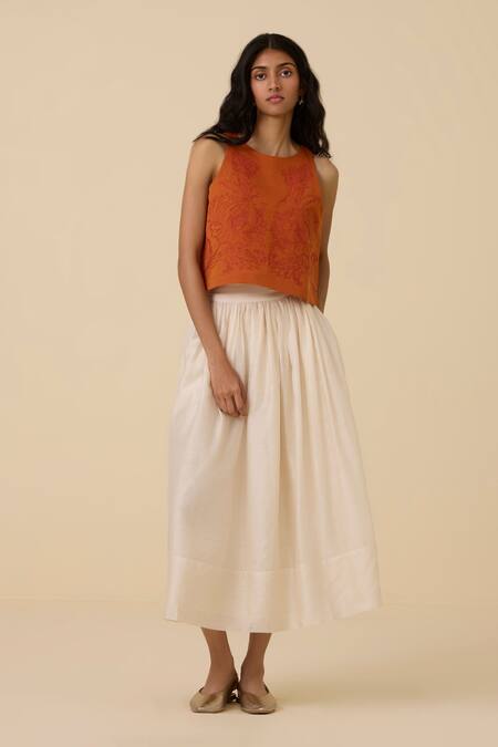 The Summer House Orange Linen, Cotton Embroidery Round Neck Olena Thread Crop Top at Aza Fashions The Summer House_Orange Linen, Cotton Embroidery Round Neck Olena Thread Crop Top_at_Aza_Fashions