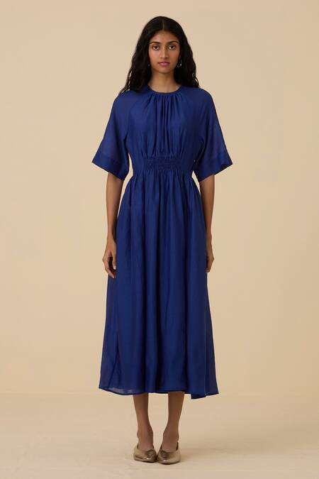 The Summer House_Blue Cotton, Silk Round Neck Parina Dress_Online_at_Aza_Fashions