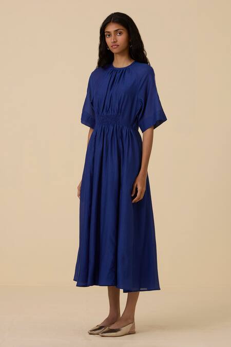 Buy_The Summer House_Blue Cotton, Silk Round Neck Parina Dress_Online_at_Aza_Fashions