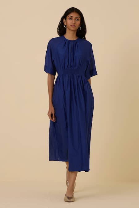 Shop_The Summer House_Blue Cotton, Silk Round Neck Parina Dress_Online_at_Aza_Fashions