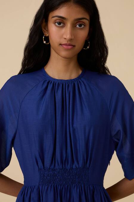 The Summer House_Blue Cotton, Silk Round Neck Parina Dress_at_Aza_Fashions
