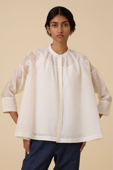 The Summer House White Handwoven Chanderi Embroidery Floral Band Collar Raha Placement Top 