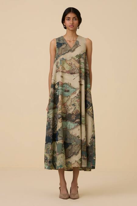 The Summer House_Green Cotton, Voile V-neck Riaz Garden Print Dress_Online_at_Aza_Fashions