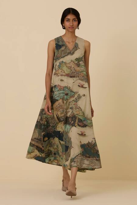 Buy_The Summer House_Green Cotton, Voile V-neck Riaz Garden Print Dress_Online_at_Aza_Fashions