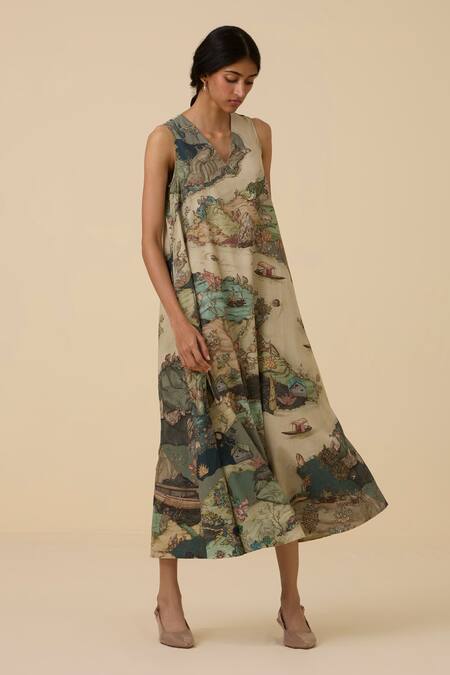 Shop_The Summer House_Green Cotton, Voile V-neck Riaz Garden Print Dress_Online_at_Aza_Fashions