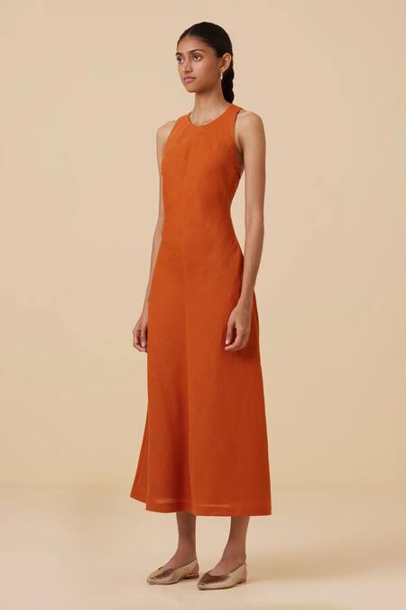 Buy_The Summer House_Orange Linen Cotton Plain Halter Neck Riha Dress _Online_at_Aza_Fashions