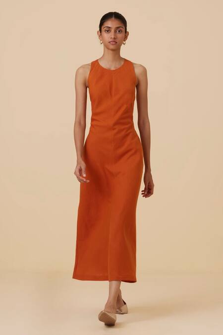Shop_The Summer House_Orange Linen Cotton Plain Halter Neck Riha Dress _Online_at_Aza_Fashions