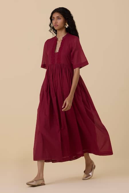Buy_The Summer House_Red Cotton, Voile Embroidery Plunge Neck Sabah Floral Placket Dress_Online_at_Aza_Fashions