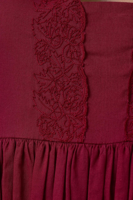 Shop_The Summer House_Red Cotton, Voile Embroidery Plunge Neck Sabah Floral Placket Dress_Online_at_Aza_Fashions