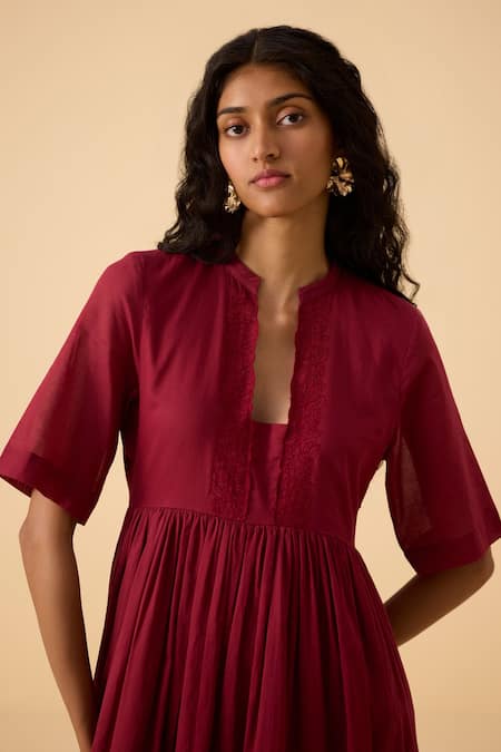 The Summer House_Red Cotton, Voile Embroidery Plunge Neck Sabah Floral Placket Dress_at_Aza_Fashions