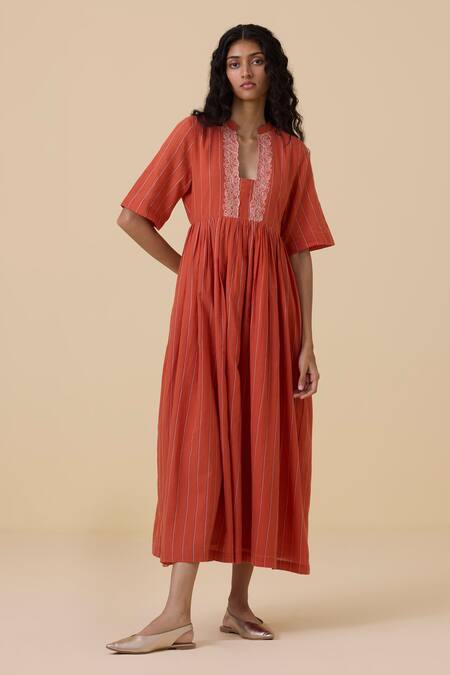 The Summer House Orange Cotton, Voile Embroidery Plunge Neck Sabah Thread Placket Dress Online at Aza Fashions The Summer House_Orange Cotton, Voile Embroidery Plunge Neck Sabah Thread Placket Dress_Online_at_Aza_Fashions