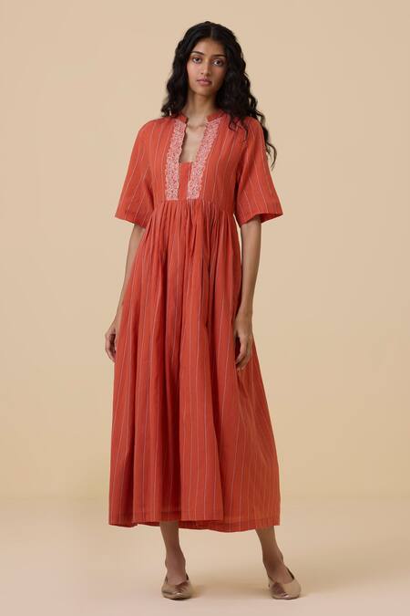Buy The Summer House Orange Cotton, Voile Embroidery Plunge Neck Sabah Thread Placket Dress Online at Aza Fashions Buy_The Summer House_Orange Cotton, Voile Embroidery Plunge Neck Sabah Thread Placket Dress_Online_at_Aza_Fashions