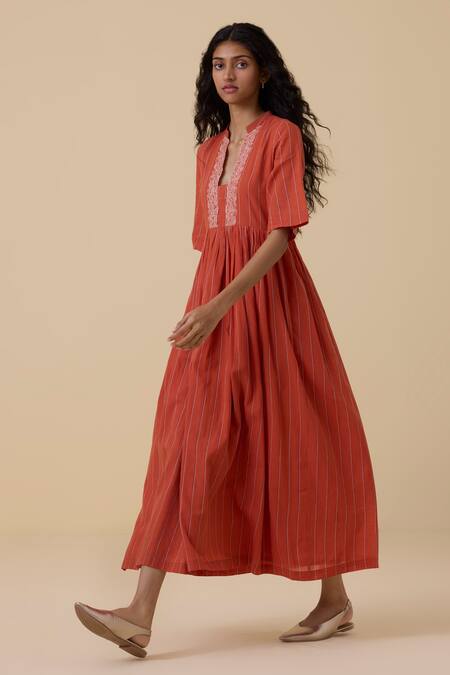 Shop The Summer House Orange Cotton, Voile Embroidery Plunge Neck Sabah Thread Placket Dress Online at Aza Fashions Shop_The Summer House_Orange Cotton, Voile Embroidery Plunge Neck Sabah Thread Placket Dress_Online_at_Aza_Fashions