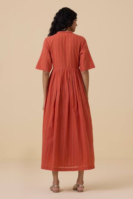 Shop The Summer House Orange Cotton, Voile Embroidery Plunge Neck Sabah Thread Placket Dress at Aza Fashions Shop_The Summer House_Orange Cotton, Voile Embroidery Plunge Neck Sabah Thread Placket Dress_at_Aza_Fashions