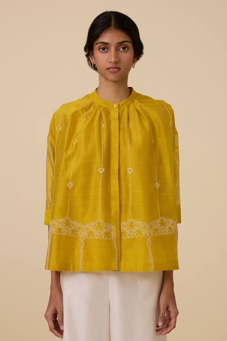 The Summer House Yellow Chanderi Embroidery Bandeau Neck Sabeena Floral Top Online at Aza Fashions The Summer House_Yellow Chanderi Embroidery Bandeau Neck Sabeena Floral Top _Online_at_Aza_Fashions