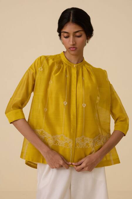 Buy The Summer House Yellow Chanderi Embroidery Bandeau Neck Sabeena Floral Top Online at Aza Fashions Buy_The Summer House_Yellow Chanderi Embroidery Bandeau Neck Sabeena Floral Top _Online_at_Aza_Fashions