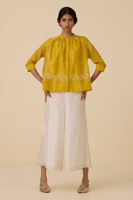 The Summer House Yellow Chanderi Embroidery Bandeau Neck Sabeena Floral Top at Aza Fashions The Summer House_Yellow Chanderi Embroidery Bandeau Neck Sabeena Floral Top _at_Aza_Fashions