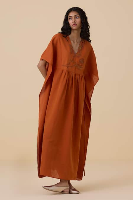 The Summer House Orange Linen Cotton Embroidery Thread V Neck Safa Floral Kaftan Dress 