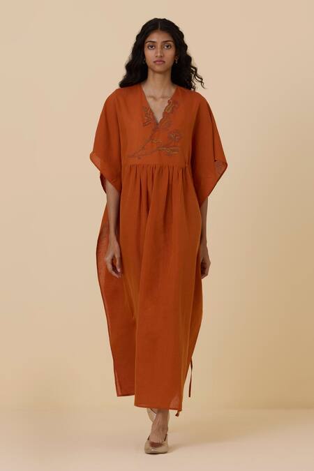 The Summer House_Orange Linen, Cotton Embroidery V-neck Safa Floral Kaftan Dress_Online_at_Aza_Fashions