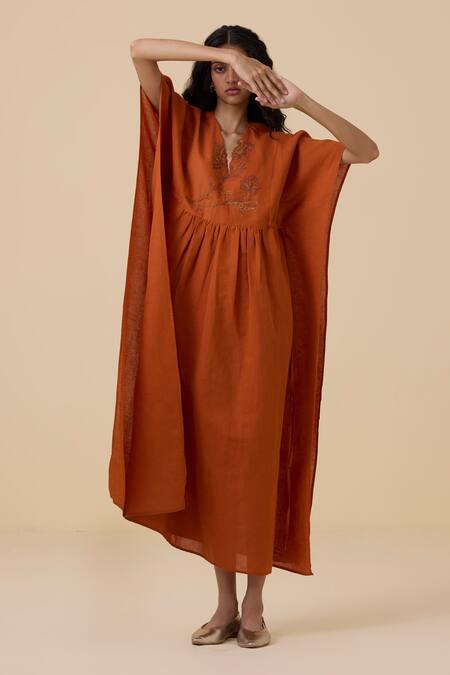 Buy_The Summer House_Orange Linen, Cotton Embroidery V-neck Safa Floral Kaftan Dress_Online_at_Aza_Fashions