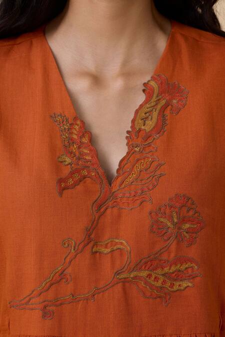 Shop_The Summer House_Orange Linen, Cotton Embroidery V-neck Safa Floral Kaftan Dress_Online_at_Aza_Fashions
