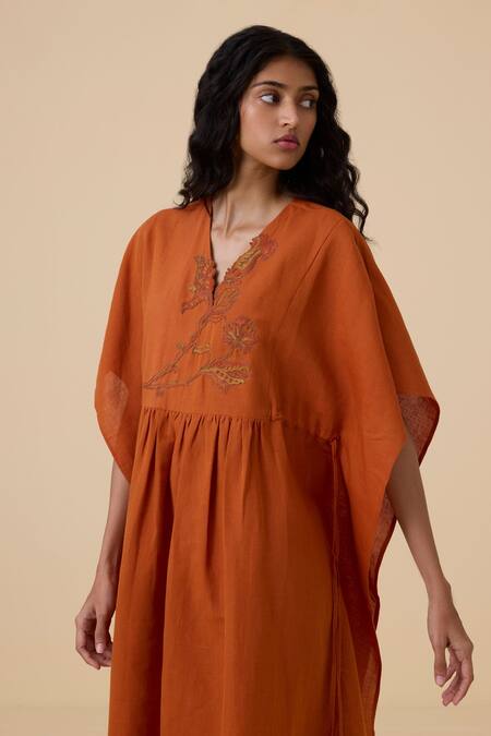 The Summer House_Orange Linen, Cotton Embroidery V-neck Safa Floral Kaftan Dress_at_Aza_Fashions