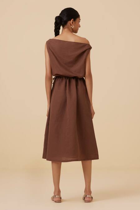 Shop_The Summer House_Brown Linen, Cotton Asymmetric Salma Dress _at_Aza_Fashions