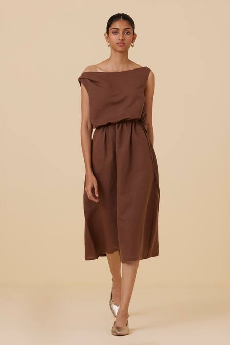 Buy_The Summer House_Brown Linen, Cotton Asymmetric Salma Dress _Online_at_Aza_Fashions