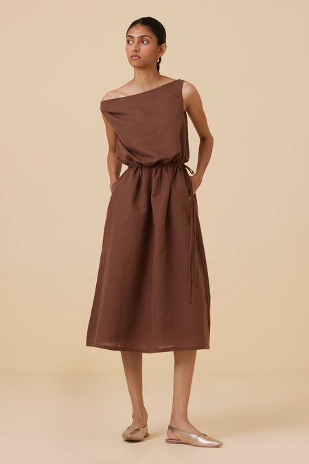 Shop_The Summer House_Brown Linen, Cotton Asymmetric Salma Dress _Online_at_Aza_Fashions