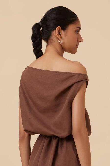 The Summer House_Brown Linen, Cotton Asymmetric Salma Dress _at_Aza_Fashions