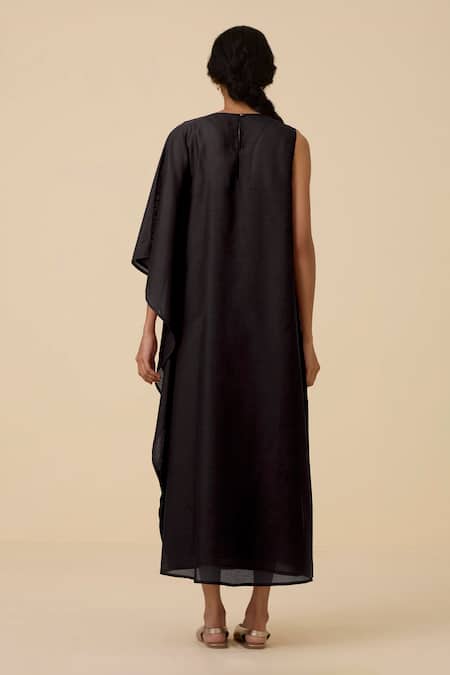 Shop The Summer House Black Cotton, Silk Round Neck Sansa One Shoulder Draped Dress at Aza Fashions Shop_The Summer House_Black Cotton, Silk Round Neck Sansa One Shoulder Draped Dress _at_Aza_Fashions