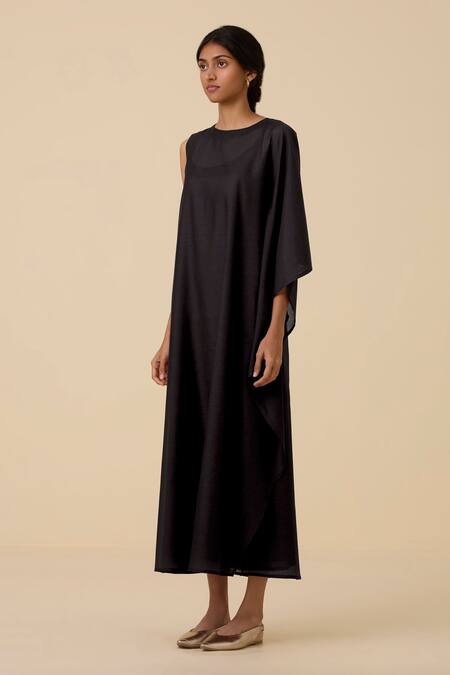 Buy The Summer House Black Cotton, Silk Round Neck Sansa One Shoulder Draped Dress Online at Aza Fashions Buy_The Summer House_Black Cotton, Silk Round Neck Sansa One Shoulder Draped Dress _Online_at_Aza_Fashions