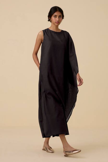 Shop The Summer House Black Cotton, Silk Round Neck Sansa One Shoulder Draped Dress Online at Aza Fashions Shop_The Summer House_Black Cotton, Silk Round Neck Sansa One Shoulder Draped Dress _Online_at_Aza_Fashions