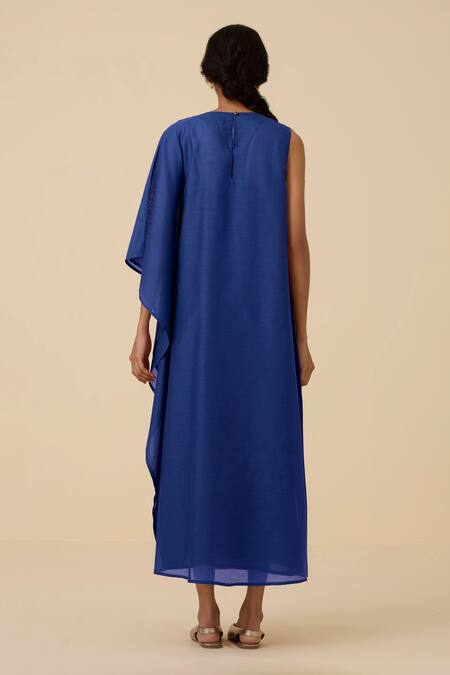 The Summer House Blue Cotton Silk Plain Round Sansa Asymmetric Draped Dress  2