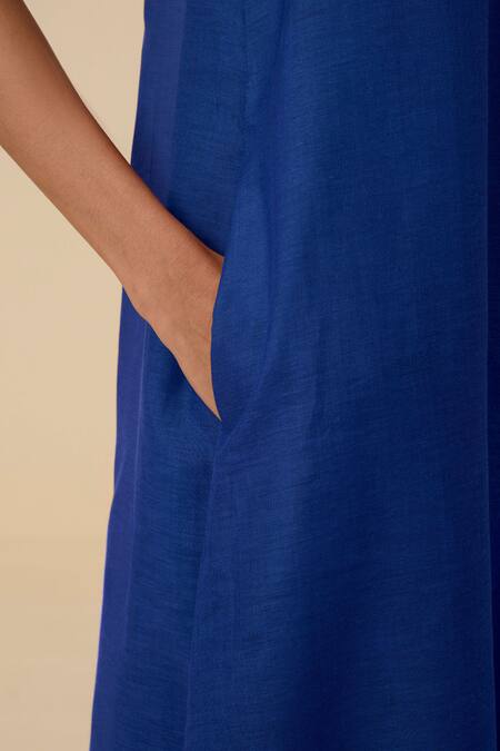 The Summer House Blue Cotton Silk Plain Round Sansa Asymmetric Draped Dress  4