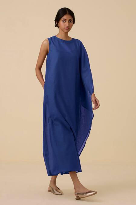 The Summer House Blue Cotton Silk Plain Round Sansa Asymmetric Draped Dress  5