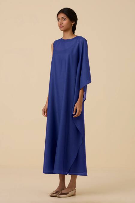 The Summer House Blue Cotton Silk Plain Round Sansa Asymmetric Draped Dress  7